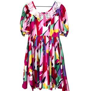 OOAK Abstract Print Dress Womens 6-8 80s Lace Collar Puff Sleeve Cotton Colorful